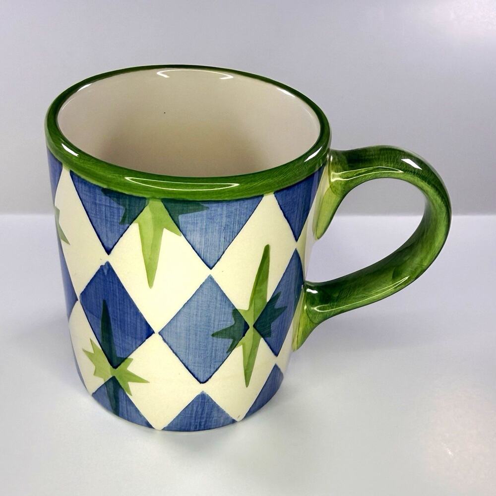 Pottery Barn Caleca Ceramic Coffee Mug Harlequin Geometric Blue Green 16 oz